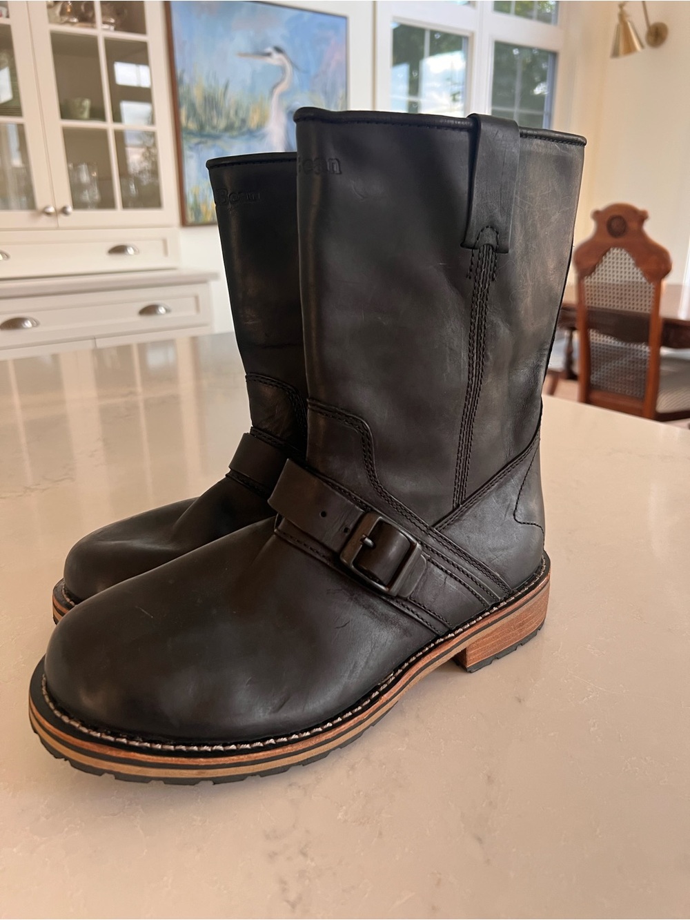 L.L. Bean Black Leather Harness Boots with Tan Stacked Heel